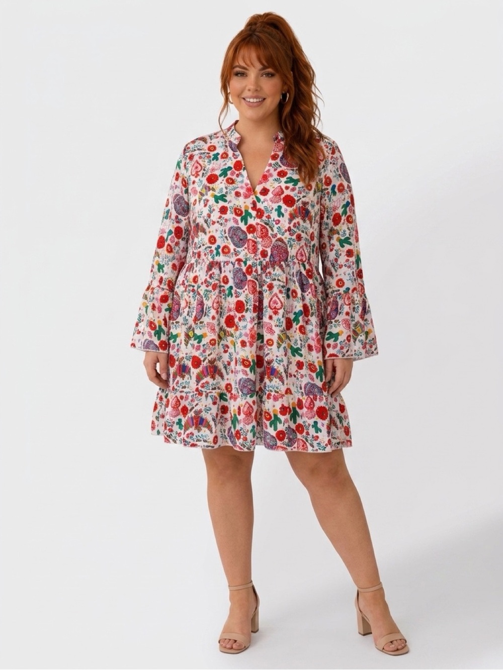 Floral Tiered V-Neck Babydoll Dress in White with Multi-Color Print